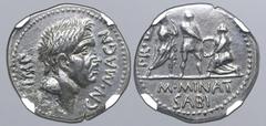 Roman Imperatorial Cnaeus Pompeius Magnus AR Denarius. M. Minatius Sabinus, proquaestor. Corduba 46-45 BC. CN•MAGN IMP, bare head of imperator to right / Corduba city-goddess standing to right, raisin