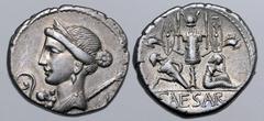 Roman Imperatorial Julius Caesar AR Denarius. Military mint travelling with Caesar in Spain, 46-45 BC. Draped bust of Venus to left, wearing stephane; small Cupid at point of bust; lituus to left, sce
