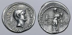 Roman Imperatorial Marc Antony AR Denarius. Military mint moving with Antony, 41 BC. Bare head to right, lituus behind, M•ANTONIVS•IMP•III•VIR•R•P•C• around / Pietas standing to left, holding turibulu