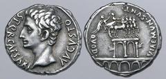 Roman Imperial Augustus AR Denarius. Spanish (Tarraco?) mint, 17-16 BC. S • P • Q • R • CAESARI AVGVSTO, bare head to left / QVOD • VIAE • MVN • SVNT •, double triumphal arch set atop viaduct, ornamen