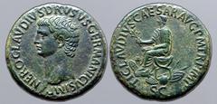 Roman Imperial Nero Claudius Drusus (father of Claudius) Æ Sestertius. Rome, AD 41-50. NERO CLAVDIVS DRVSVS GERMANICVS IMP, bare head to left / TI CLAVDIVS CAESAR AVG P M TR P IMP, emperor seated to l