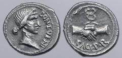 Roman Imperial Civil War AR Denarius. Uncertain mint in Spain, AD 68-69. BON EVENT, diademed head of female to right / PACI P R, clasped hands holding winged caduceus. AM 42; RIC I 4 (R4); BMCRE 4; RS