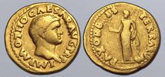Roman Imperial Otho AV Aureus. Rome, AD 69. IMP M OTHO CAESAR AVG TR P, bare head to right / PAX ORBIS TERRARVM, Pax standing facing, head to left, holding olive branch and caduceus. RIC I 3; C. 2; BM