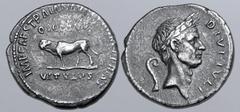 Roman Imperial Trajan AR Denarius. Restoration issue of Julius Caesar. Rome, AD 105. IMP CAES TRAIAN AV[G GER DAC] P P REST bull-calf standing to left; Q VOCONIVS above, VITVLVS below / DIVI IVLI, wre