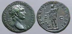 Roman Imperial Trajan Æ Sestertius. Rome, AD 106-107. IMP CAES NERVAE TRAIANO AVG GER DAC P M TR P COS V P P, laureate head to right, drapery on far shoulder / S P Q R OPTIMO PRINCIPI, Roma standing f