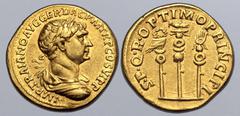 Roman Imperial Trajan AV Aureus. Rome, AD 113-114. • IMP • TRAIANO AVG GER DAC P M TR P COS VI P P, laureate, draped and cuirassed bust to right / S • P • Q • R • OPTIMO PRINCIPI, aquila between vexil