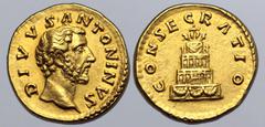 Roman Imperial Divus Antoninus Pius AV Aureus. Rome, after AD 161. DIVVS ΛNTONINVS, bare head to right / CONSECRΛTIO, pyre of four tiers, decorated with hangings and garlands, surmounted by facing qua