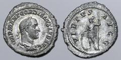 Roman Imperial Gordian II Africanus AR Denarius. Rome, March- April, AD 238. IMP M ANT GORDIANVS AFR AVG, laureate, draped and cuirassed bust to right / VIRTVS AVGG, Virtus standing to left, holding i