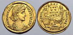 Roman Imperial Constantius II AV Solidus. Nicomedia, AD 340-351. FL IVL CONSTANTIVS PERP AVG, laurel-and-rosette-diademed, draped and cuirassed bust to right / GLORIA REIPVBLICAE, Roma and Constantino