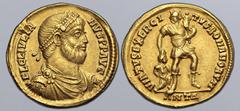Roman Imperial Julian II AV Solidus. Antioch, AD 361-363. FL CL IVLIANVS P P AVG, pearl-diademed, draped and cuirassed bust to right / VIRTVS EXERCITVS ROMANORVM, soldier standing to right, head to le
