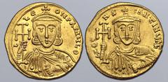 Byzantine Constantine V Copronymus, with Leo III, AV Solidus. Constantinople, AD 740-742. C LЄON P A MЧL Θ, crowned and draped bust of Leo facing, holding cross potent and akakia / C N CONSƮANƮINЧ NC(