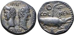 Roman Provincial Augustus and Agrippa Æ As of Nemausus, Gaul. Circa 10 BC - AD 10. Back to back laureate and rostral crowned head of Agrippa to left and head of Augustus to right, wearing oak wreath; 