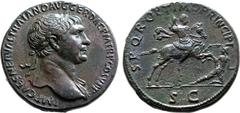 Roman Imperial Trajan Æ Sestertius. Rome, AD 104-107. IMP CAES NERVAE TRAIANO AVG GER DAC P M TR P COS V P P, laureate bust to right, slight drapery on far shoulder / S P Q R OPTIMO PRINCIPI, emperor 