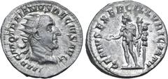 Roman Imperial Trajan Decius AR Antoninianus. Rome, AD 249-251. IMP C M Q TRAIANVS DECIVS AVG, radiate, draped and cuirassed bust to right / GENIVS EXERC ILLVRICIANI, Genius, wearing polos on head, st
