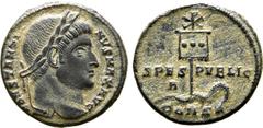 Roman Imperial Constantine I 'the Great' BI Nummus. Constantinople, AD 327. CONSTANTINVS MAX AVG, laureate head to right / Labarum, with three medallions on vexillum and surmounted by Christogram, pie