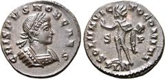 Roman Imperial Crispus, as Caesar, BI Nummus. London, AD 317. CRISPVS NOB CAES, laureate and cuirassed bust to right / SOLI INVICTO COMITI, Sol standing to left with chlamys across shoulder and raised