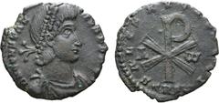 Roman Imperial Constantius II BI Double Centenionalis. Treveri, AD 352. D N CONSTANTIVS P F AVG, pearl-diademed, draped and cuirassed bust to right / SALVS AVG NOSTRI, large Chi-Rho; A-Ѡ across fields