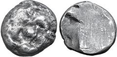 Greek Etruria, Populonia AR Didrachm (10 Units?). Late 5th century BC. Head of Metus facing, hair bound with diadem; unclear mark of value below; all within dotted border / Blank. Cf. EC I, 8 (10 unit