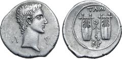 Roman Provincial Augustus AR Drachm of Tlos and Kragos, Lycia. Circa 27-20 BC. Bare head to right; Λ-Y flanking / Two citharas, winged caduceus between; ΤΛΩ above and KP below. RPC I 3309b (additional