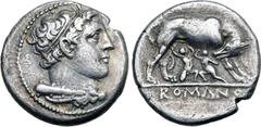 Roman Republic Anonymous AR Didrachm. Rome, 269-266 BC. Head of Hercules to right, wearing taenia, with club and lion-skin over shoulder / She-wolf standing to right, head to left, suckling the twins 