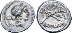 Roman Imperatorial Q. Sicinius AR Denarius. Rome, 49 BC. Diademed head of Fortuna to right; P•R upwards behind, FORT before / Palm-branch and caduceus in saltire, laurel wreath above; III-VIR across f