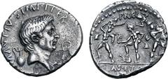 Roman Imperatorial Sextus Pompey AR Denarius. Uncertain mint in Sicily (Catania?), 42-40 BC. MAG•PIVS•IMP•ITER, bare head of Pompey Magnus to right; capis behind, lituus before / Neptune standing to l