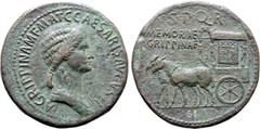 Roman Imperial Agrippina I (mother of Caligula) Æ Sestertius. Rome, circa AD 37-41. AGRIPPINA M F MAT C CAESARIS AVGVSTI, draped bust to right / Carpentum, with ornamented side and cover supported by 