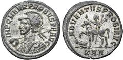Probus Probus BI Antoninianus. Serdica, AD 280-281. IMP C M AVR PROBVS P F AVG, radiate, helmeted and cuirassed bust to left, holding spear and shield decorated with Adventus scene / ADVENTVS PROBI AV