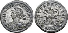 Probus Probus BI Antoninianus. Serdica, AD 280-281. BONO IMP PROBO INVICT AVG, radiate, helmeted and cuirassed bust to left, holding spear and parma shield / VIRTVS PROBI AVG, emperor spearing and rid