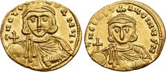 Byzantine Leo III 'the Isaurian', with Constantine V, AV Solidus. Constantinople, AD 721-724. ∂ NO LЄON P A MЧL •, crowned bust of Leo facing, wearing chlamys, and holding globus cruciger and akakia /
