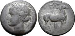 Greek Zeugitania, Carthage BI Tridrachm. Second Punic War, circa 215-210 BC. Youthful head of Tanit to left, wearing wreath of corn ears / Horse standing to right, palm tree behind. SNG Copenhagen 351