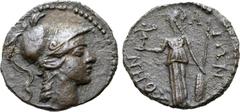 Greek Attica, Athens Æ 21mm. Circa AD 264-267. Head of Athena to right, wearing crested Corinthian helmet / AΘHNAIΩN, Athena Parthenos standing facing, head to left, holding Nike, shield and spear. Kr