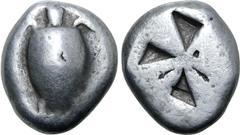 Greek Islands off Attica, Aegina AR Stater. Circa 525-475 BC. Sea turtle, head in profile, with 'T' design in pellets on shell / Incuse square with 'proto-skew' design. Meadows, Aegina, Group IIc; HGC