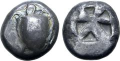 Greek Islands off Attica, Aegina AR Stater. Circa 510-490 BC. Sea turtle, with head in profile and ['T' design in pellets] on shell / Incuse 'mill-sail' pattern. Milbank pl 1, 12; Dewing 1660; SNG Cop
