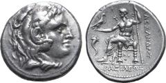 Greek Kingdom of Macedon, Demetrios I Poliorketes AR Tetradrachm. In the name and types and Alexander III. Corinth, circa 310-290 BC. Head of Herakles to right, wearing lion skin headdress / Zeus Aëto