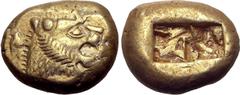 Greek Kingdom of Lydia, Alyattes EL Trite - 1/3 Stater. Sardes, circa 600-561 BC. Head of roaring lion to right, sunburst with [five?] rays on forehead / Two incuse square punches. GRPC Lydia G25; Wei