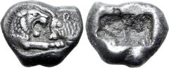 Greek Kingdom of Lydia, Kroisos AR 1/6 Stater. Sardes, circa 561-546 BC. Confronted foreparts of lion to right and bull to left / Two incuse square punches of unequal size. GRPC Lydia S6; Rosen 667; S