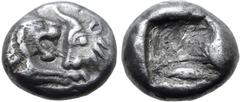 Greek Kingdom of Lydia, Kroisos AR 1/12 Stater. Sardes, circa 561-546 BC. Confronted foreparts of lion to right and bull to left / Incuse square. GRPC Lydia S8; SNG Kayhan 1020-21; SNG von Aulock 2880