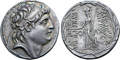 Greek Kings of Cappadocia, Ariarathes VII Philometor AR Tetradrachm. In the name and types of Seleukid king Antiochos VII Euergetes (Sidetes). Ariaratheia or Eusebia-Tyana, circa 107-103 BC. Diademed 