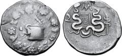 Roman Provincial L. Sempronius Atratinus AR Cistophoric Tetradrachm of Pergamum(?), Mysia. Quaestor, circa 50-49 BC. Serpent emerging from cista mystica; all within ivy wreath / Two serpents entwined 