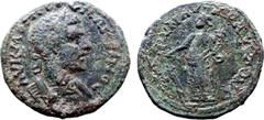 Roman Provincial Macrinus Æ 27mm of Corycus, Cilicia. AD 217-218. AV K M OΠЄ CЄV (or OΠ CЄOV?) ΜΑKΡΙΝΟϹ, laureate and cuirassed bust to right, with gorgoneion on cuirass / ΚΩΡV ΝΑVAP ΑVΤΟΝO, Tyche sta