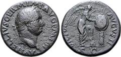 Roman Imperial Vitellius Æ Sestertius. Rome, AD 69. A VITELLIVS GERM IMP AVG P M TR P, laureate head to right / VICTORIA AVGVSTI, Victory standing to right, foot set on helmet, inscribing [OB CIVES SE
