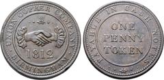 Medieval & World Great Britain, temp. Hanover. Union Copper Company (Birmingham) CU Penny Token. 1812. • UNION COPPER COMPANY • BIRMINGHAM, clasped hands; date below / • PAYABLE IN CASH NOTES • • ✼ • 