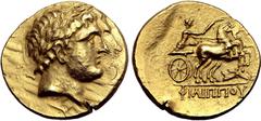 Spain, Celtic and Gaul Central Europe, Helvetii(?) AV Stater. Imitating Philip II of Macedon. Circa 3rd century BC. Laureate head of Apollo to right / Charioteer, holding kentron and reins, driving ga