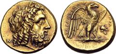 Greek Calabria, Tarentum AV Stater. Circa 280 BC. Apol-, magistrate. Laureate head of Zeus to right; NK (ligate) monogram behind / TAPANTINΩN, eagle standing to right on thunderbolt, wings spread; ΑΠΟ
