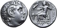 Greek Cyclades, Tenos AR Tetradrachm. Circa 200-180 BC. Head of Apollo Karneios to right / Poseidon seated to left, holding trident and dolphin; THNIΩN to right, grape bunch to left, monogram below th
