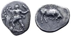 Greek Crete, Phaistos AR Stater. Mid-Late 4th century BC. Herakles standing in fighting attitude to left, wearing Nemean lion skin, seizing one of the heads of the Lernean Hydra, and preparing to stri