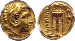 Greek Macedon, Philippoi AV Stater. Circa 356-345 BC. Head of Herakles to right, wearing lion skin headdress / Tripod; ΦIΛIΠΠΩN upwards to left; stag head to right in right field. BMC 3; Boston MFA 58