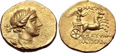 Greek Ionia, Magnesia ad Maeandrum AV Stater. Circa 155-140 BC. Euphemos, son of Pausanias, magistrate. Draped bust of Artemis to right, wearing stephane, with bow and quiver over shoulder / Nike, hol