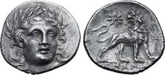 Greek Ionia, Miletos AR Drachm. Circa 205 BC. Laureate head of Apollo facing slightly to right / Lion standing to left, head reverted; MI monogram over ME monogram in left upper field, sun-burst in ri